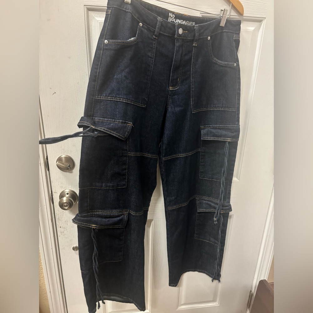 No Boundaries Baggy Utility Cargo Jeans Wide Leg Dark Wash Size 12 PocketTies.